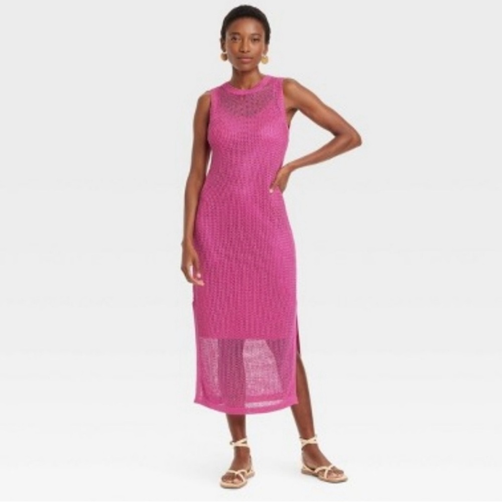 A New Day Women's mesh, sheer knit midi dress. Pink size medium